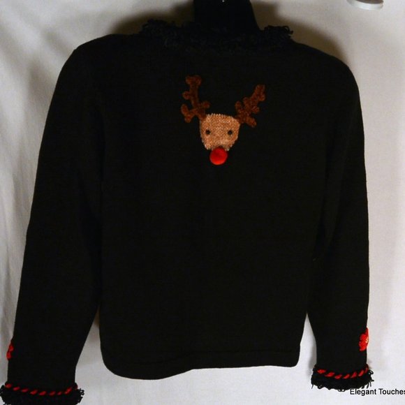 Jack B Quick Petite Christmas Black Cardigan Sweater PS Reindeer Jingle Bells - Picture 6 of 12
